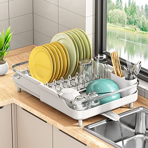 PXRACK Dish Drying Rack,Expandable(11.5"-19.3") Dish Racks for Kitchen Counter, Dish Rack and Drainboard Set, Dish Drainer with Utensil Holder for Kitchen Sink Organization Storage