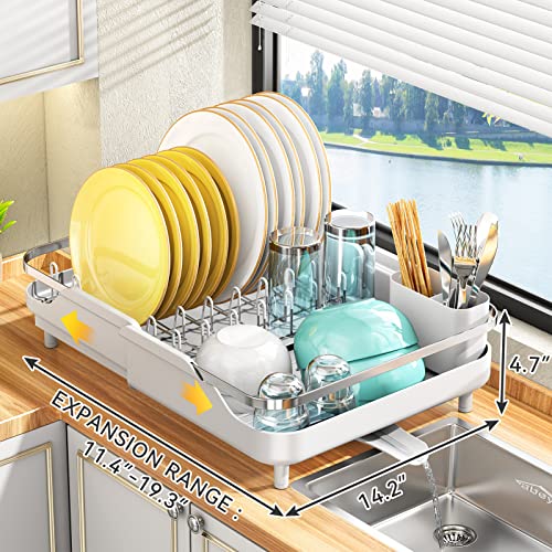 PXRACK Dish Drying Rack,Expandable(11.5"-19.3") Dish Racks for Kitchen Counter, Dish Rack and Drainboard Set, Dish Drainer with Utensil Holder for Kitchen Sink Organization Storage