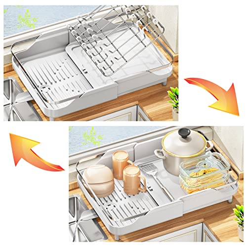 PXRACK Dish Drying Rack,Expandable(11.5"-19.3") Dish Racks for Kitchen Counter, Dish Rack and Drainboard Set, Dish Drainer with Utensil Holder for Kitchen Sink Organization Storage