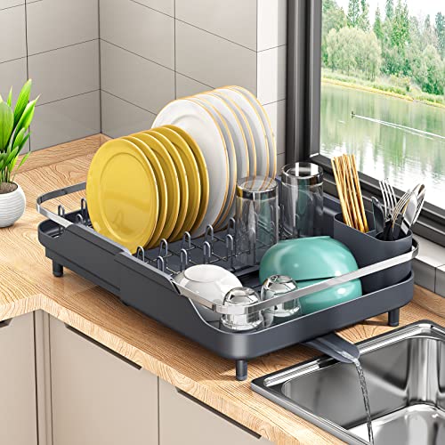 PXRACK Dish Drying Rack,Expandable(11.5"-19.3") Dish Racks for Kitchen Counter, Dish Rack and Drainboard Set, Dish Drainer with Utensil Holder for Kitchen Sink Organization Storage, Grey