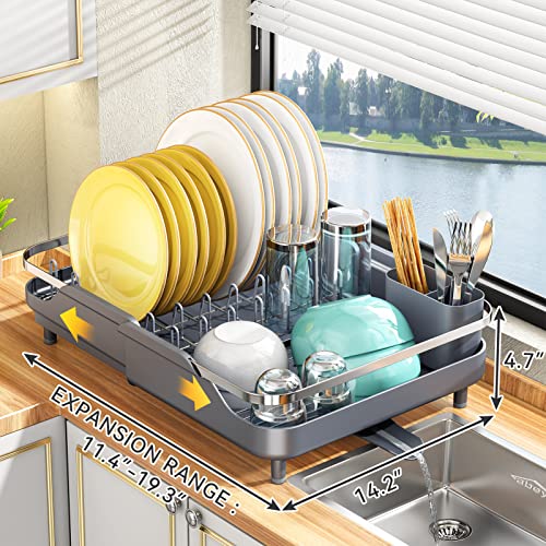 PXRACK Dish Drying Rack,Expandable(11.5"-19.3") Dish Racks for Kitchen Counter, Dish Rack and Drainboard Set, Dish Drainer with Utensil Holder for Kitchen Sink Organization Storage, Grey