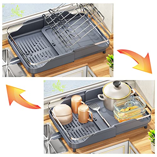 PXRACK Dish Drying Rack,Expandable(11.5"-19.3") Dish Racks for Kitchen Counter, Dish Rack and Drainboard Set, Dish Drainer with Utensil Holder for Kitchen Sink Organization Storage, Grey