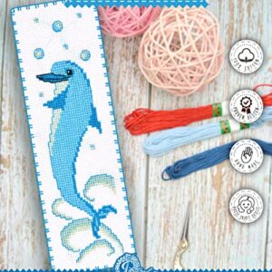 Dolphin Counted Cross Stitch Bookmark Kit for Adults - DIY Embroidery Book Marker Set with Paper Pattern, 16 Count Aida Canvas and Pre-Sorted Floss