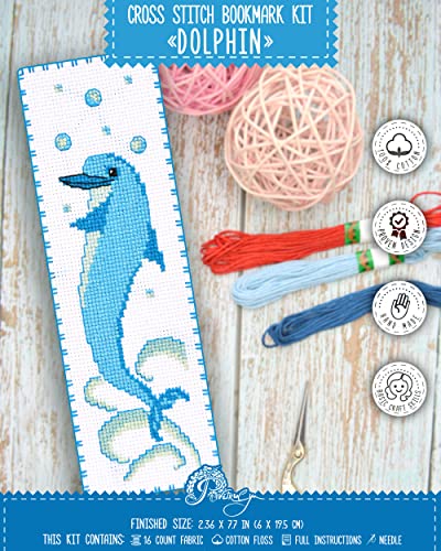 Dolphin Counted Cross Stitch Bookmark Kit for Adults - DIY Embroidery Book Marker Set with Paper Pattern, 16 Count Aida Canvas and Pre-Sorted Floss