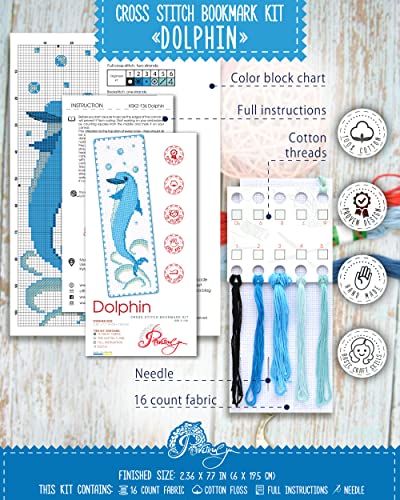 Dolphin Counted Cross Stitch Bookmark Kit for Adults - DIY Embroidery Book Marker Set with Paper Pattern, 16 Count Aida Canvas and Pre-Sorted Floss