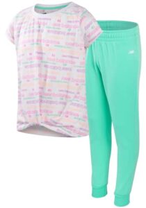 new balance girls' jogger set - short sleeve performance t-shirt and sweatpants (7-16), size 7-8, white mint