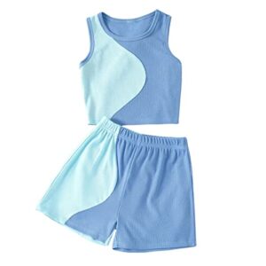 Verdusa Girl's 2 Piece Workout Outfit Colorblock Crop Tank Top and Short Sets Blue 8Y