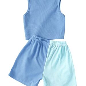 Verdusa Girl's 2 Piece Workout Outfit Colorblock Crop Tank Top and Short Sets Blue 8Y