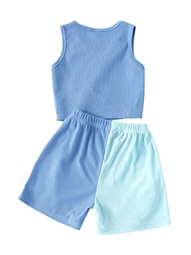 Verdusa Girl's 2 Piece Workout Outfit Colorblock Crop Tank Top and Short Sets Blue 8Y