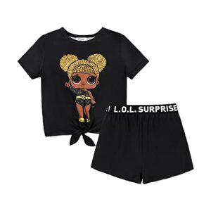 l.o.l. surprise! girls clothes set character print short sleeve tee top and shorts girl clothes black 8-9 years