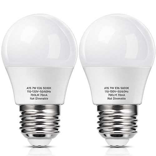 KINDEEP A15 Refrigerator LED Bulbs 60 Watt Equivalent, 7W Light Bulb Daylight White 5000K, 700LM for Appliance Fridge Light Bulb, Ceiling Fan, Waterproof, Non-Dim, E26 Base, 2 Pack