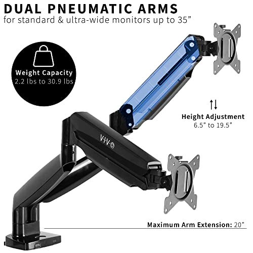 VIVO Premium Aluminum Heavy Duty Dual Monitor Arm for Ultrawide Monitors up to 35 inches and 30.9 lbs Each, Desk Mount Stand, Pneumatic Height, Max VESA 100x100, Black, STAND-V202Q