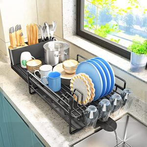 herjoy dish drying rack for kitchen counter, large dish rack expandable black drying dish drainers rack, anti-rust drying rack with drainboard and cup holders rack organizer