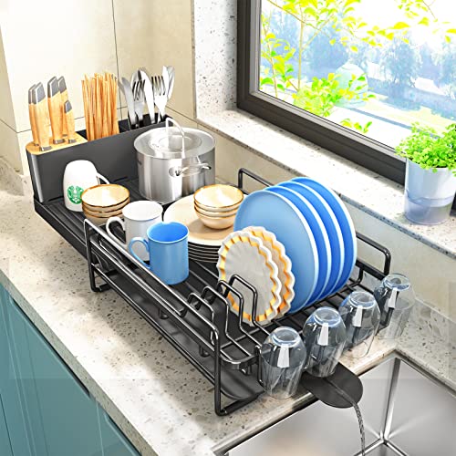 HERJOY Dish Drying Rack for Kitchen Counter, Large Dish Rack Expandable Black Drying Dish Drainers Rack, Anti-Rust Drying Rack with Drainboard and Cup Holders Rack Organizer