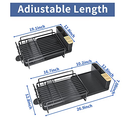 HERJOY Dish Drying Rack for Kitchen Counter, Large Dish Rack Expandable Black Drying Dish Drainers Rack, Anti-Rust Drying Rack with Drainboard and Cup Holders Rack Organizer