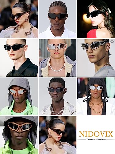 NIDOVIX Trendy Wrap Around Sunglasses for Men Women Fashion Cool Sport Y2K Stylish Cat Eye Sun Glasses UV400 Protection (Silver/Grey)