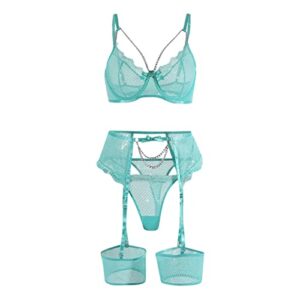 See Through Fishnet Garter Set Lingerie for Women for Sex Naughty Sexy Chain Strappy Eyelash Lace Underwire Bra and Panty Mint Green