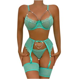 see through fishnet garter set lingerie for women for sex naughty sexy chain strappy eyelash lace underwire bra and panty mint green