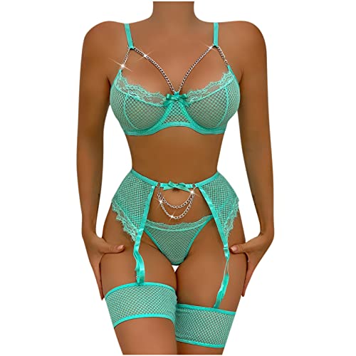 See Through Fishnet Garter Set Lingerie for Women for Sex Naughty Sexy Chain Strappy Eyelash Lace Underwire Bra and Panty Mint Green