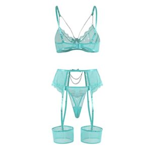 See Through Fishnet Garter Set Lingerie for Women for Sex Naughty Sexy Chain Strappy Eyelash Lace Underwire Bra and Panty Mint Green