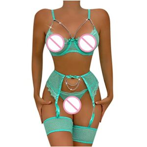 See Through Fishnet Garter Set Lingerie for Women for Sex Naughty Sexy Chain Strappy Eyelash Lace Underwire Bra and Panty Mint Green