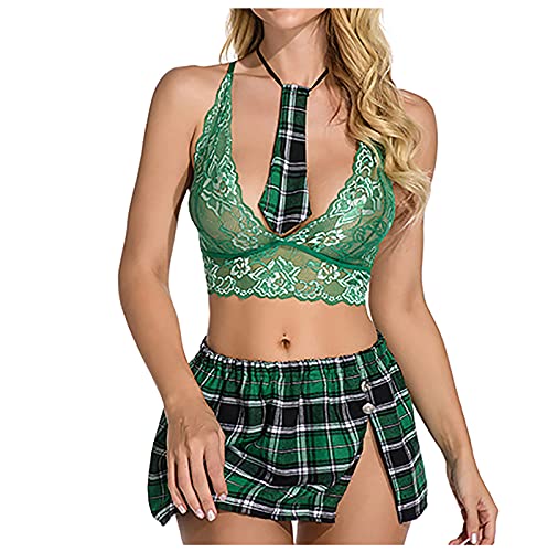 School Girl Lingerie for Women Sexy Roleplay Student Costumes Outfits Bra and Panty Set with Tie and Mini Plaid Skirt 4 Piece