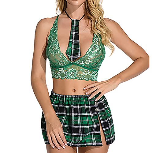 School Girl Lingerie for Women Sexy Roleplay Student Costumes Outfits Bra and Panty Set with Tie and Mini Plaid Skirt 4 Piece