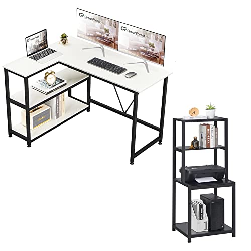 GreenForest L Shaped Desk 47 inch Reversible Corner Gaming Computer Desk with Storage Shelves and 49.2 inch Large Tall 4 Tier Printer Stand with Storage Shelf