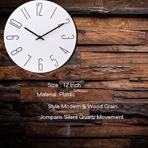 jomparis Wall Clock 12" Silent Non-Ticking Modern Style Wooden Wall Clocks Decorative for Office Home Bedroom School (White)