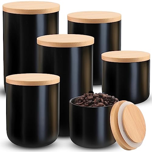 Hoolerry Black Kitchen Canisters Airtight Coffee Canisters Set with Bamboo Lids Set of 6 Flour and Sugar Containers Ceramic Airtight Jar for Food Coffee Tea Spice Seasoning, 3 Sizes