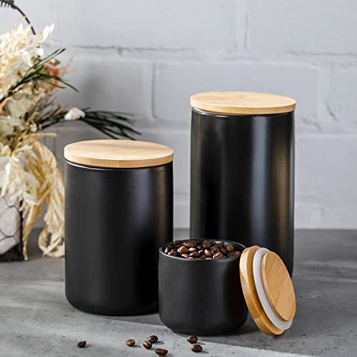 Hoolerry Black Kitchen Canisters Airtight Coffee Canisters Set with Bamboo Lids Set of 6 Flour and Sugar Containers Ceramic Airtight Jar for Food Coffee Tea Spice Seasoning, 3 Sizes