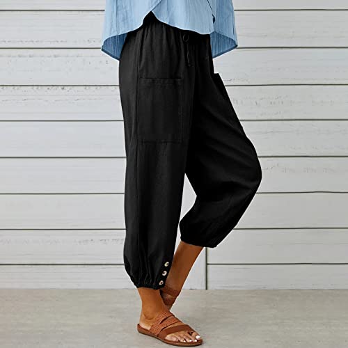 Womens Casual Capri Pants Elastic Waist Drawstring Summer Lounge Baggy Trousers Cinch Bottom Lantern Ankle Pants with Pockets