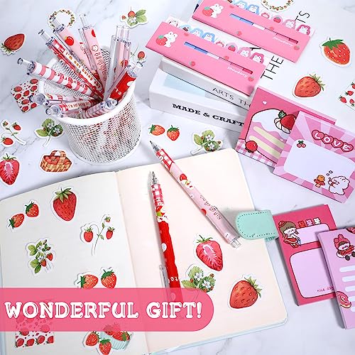 497 Pcs Kawaii School Supplies Cute Pens Retractable Black Ink Kawaii Bunny Index Sticker Cute Pink Sticky Notes Strawberry Stickers Cute School Stationery Set Supplies for Girls Kids