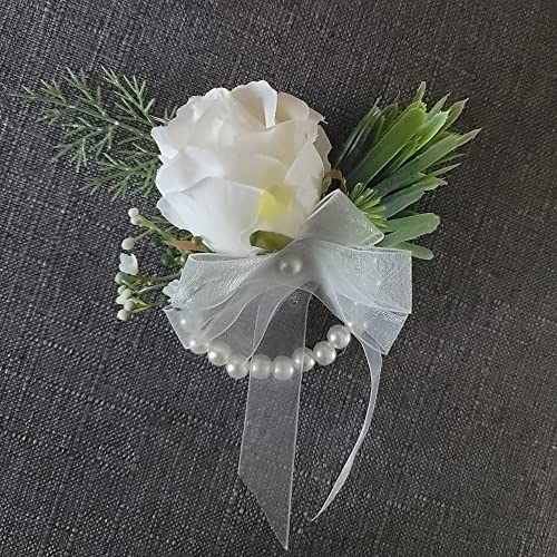 WEISPARK Ivory Rose Wrist Corsage and Boutonniere Set, Wristlet Band Bracelet and Men Boutonniere for White Wedding Flowers Accessories Prom Suit Decorations (A)