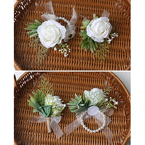 WEISPARK Ivory Rose Wrist Corsage and Boutonniere Set, Wristlet Band Bracelet and Men Boutonniere for White Wedding Flowers Accessories Prom Suit Decorations (A)