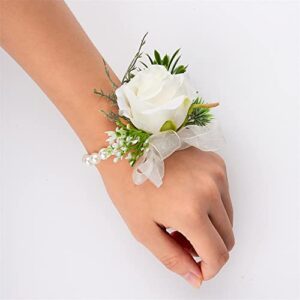 WEISPARK Ivory Rose Wrist Corsage and Boutonniere Set, Wristlet Band Bracelet and Men Boutonniere for White Wedding Flowers Accessories Prom Suit Decorations (A)