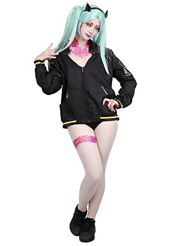 C-ZOFEK Rebecca Cosplay Outfits Black Coat Halloween Costume (X-Large) with Tattoo Stickers (pink)
