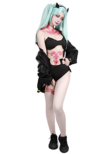 C-ZOFEK Rebecca Cosplay Outfits Black Coat Halloween Costume (X-Large) with Tattoo Stickers (pink)