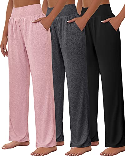 Neer 3 Pcs Women's Wide Leg Yoga Pant Comfy Loose Sweatpants High Waist Lounge Casual Athletic Pant Workout Joggers Pant (as1, Alpha, s, Regular, Regular, Black, Dark Gray, Pink)