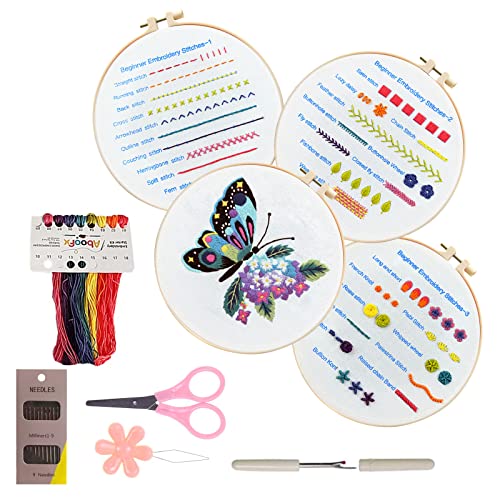 Embroidery Kit for Beginners, 4 Piece Set Embroidery Kits, Includes Embroidery Fabric, Thread, Needles, and Patterns, Perfect for DIY Handmade