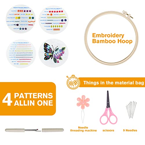 Embroidery Kit for Beginners, 4 Piece Set Embroidery Kits, Includes Embroidery Fabric, Thread, Needles, and Patterns, Perfect for DIY Handmade