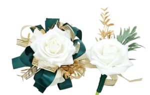 desuness ivory rose wrist corsage wristlet band bracelet and men boutonniere set with dark green ribbin for white wedding flower accessories prom suit decorations