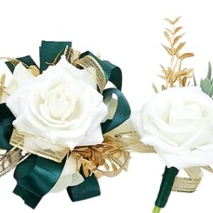 DESUNESS Ivory Rose Wrist Corsage Wristlet Band Bracelet and Men Boutonniere Set with Dark Green Ribbin for White Wedding Flower Accessories Prom Suit Decorations