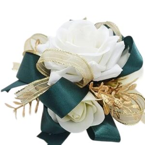 DESUNESS Ivory Rose Wrist Corsage Wristlet Band Bracelet and Men Boutonniere Set with Dark Green Ribbin for White Wedding Flower Accessories Prom Suit Decorations