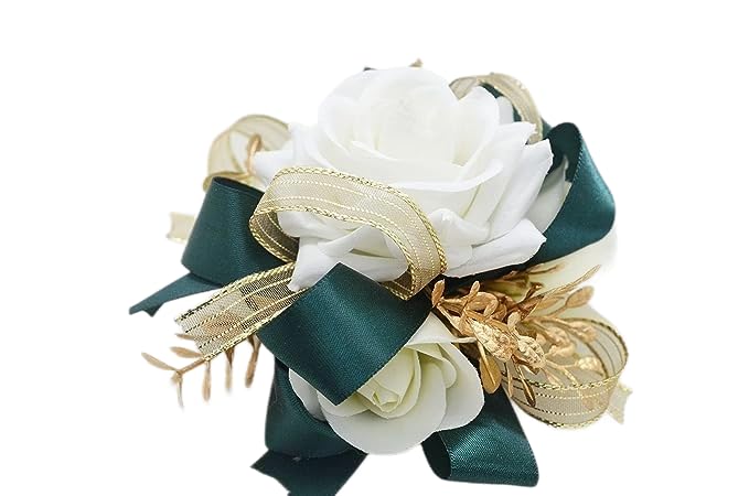 DESUNESS Ivory Rose Wrist Corsage Wristlet Band Bracelet and Men Boutonniere Set with Dark Green Ribbin for White Wedding Flower Accessories Prom Suit Decorations