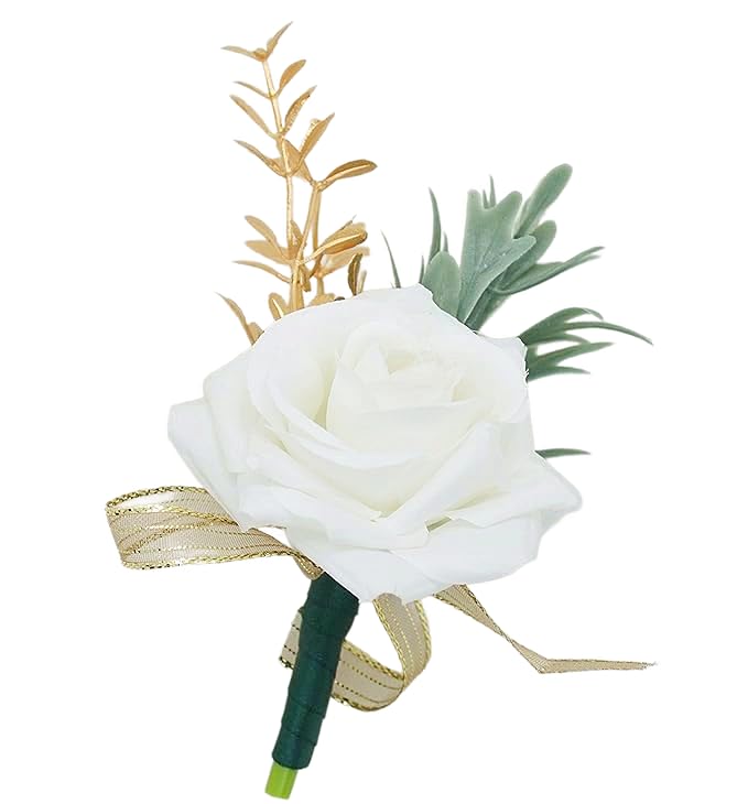 DESUNESS Ivory Rose Wrist Corsage Wristlet Band Bracelet and Men Boutonniere Set with Dark Green Ribbin for White Wedding Flower Accessories Prom Suit Decorations