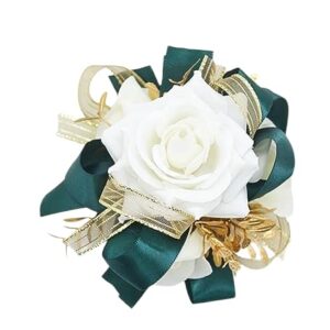 DESUNESS Ivory Rose Wrist Corsage Wristlet Band Bracelet and Men Boutonniere Set with Dark Green Ribbin for White Wedding Flower Accessories Prom Suit Decorations