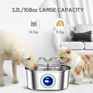 MISFANS Cat Water Fountain Stainless Steel, 108oz/3.2L Pet Water Fountain Automatic Cat Fountain Water Bowl with Transparent Window, Water Dispenser for Dogs, Dishwasher Safe…