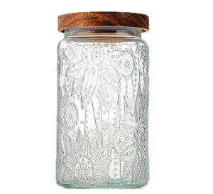 ansqu vintage glass storage jar, 33.8 fl oz glass canister storage jar container with airtight wooden lid for kitchen counter, pantry, coffee, tea, sugar, cookie jars(round, sunflower)