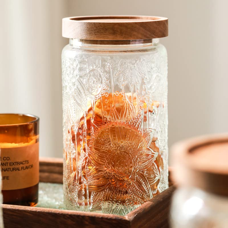 ANSQU Vintage Glass Storage Jar, 33.8 FL OZ Glass Canister Storage Jar Container with Airtight Wooden Lid for Kitchen Counter, Pantry, Coffee, Tea, Sugar, Cookie Jars(Round, Sunflower)